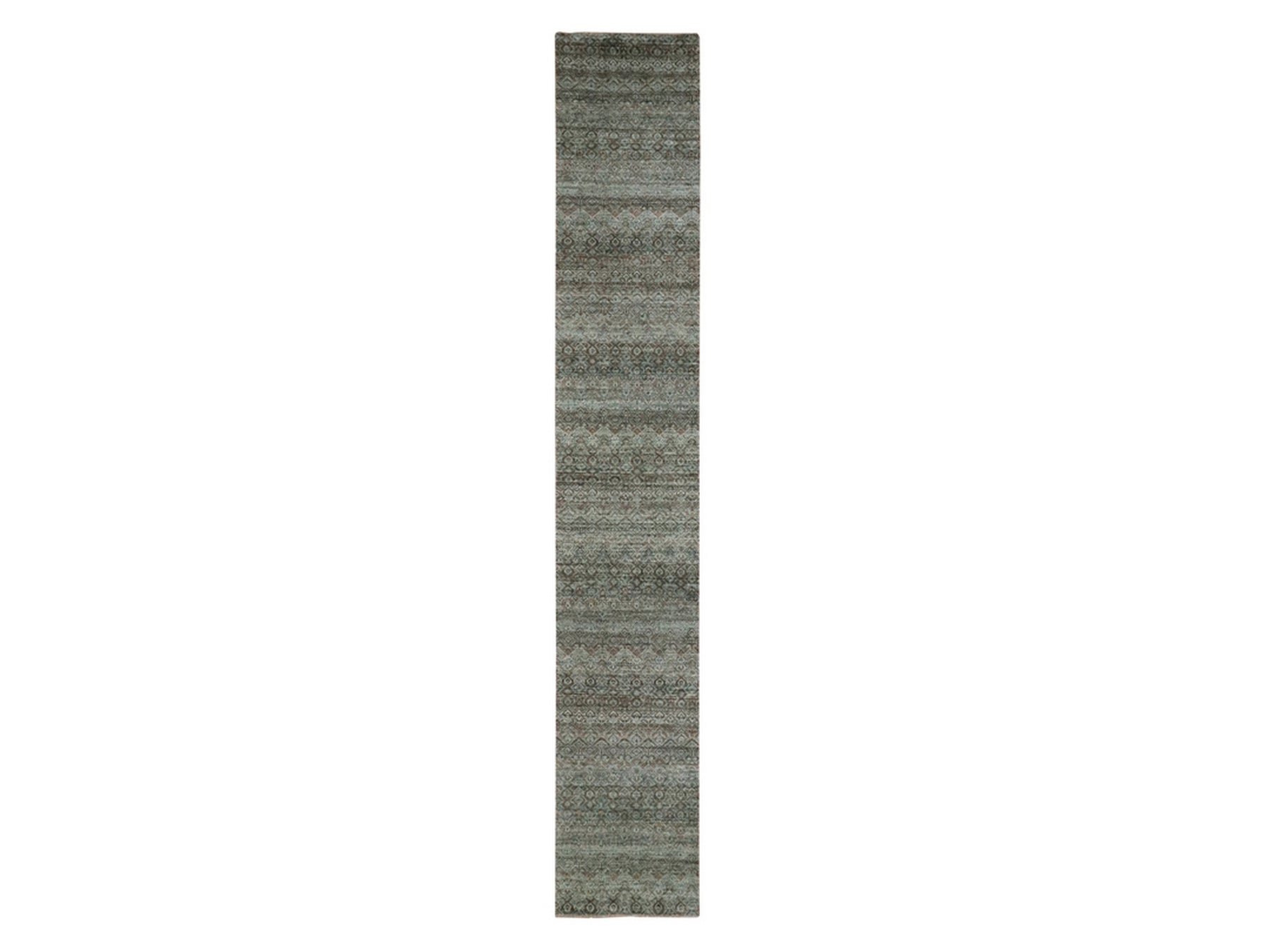 Modern / Contemporary hand-knotted wool runner in Green, 2'6" x 15'11" — SKU O077093