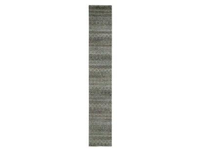 Modern / Contemporary hand-knotted wool runner in Green, 2'6" x 15'11" — SKU O077093