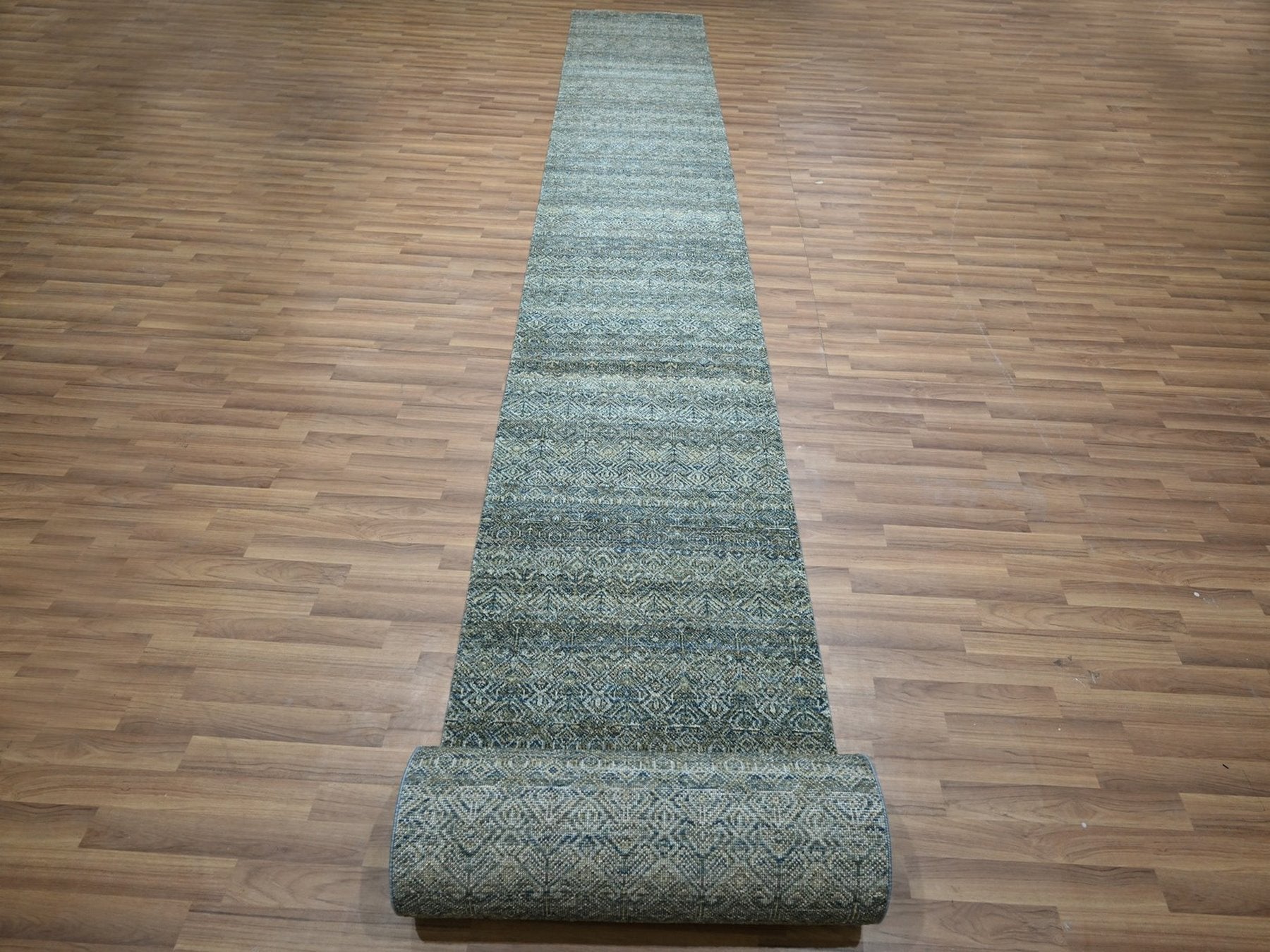 Modern / Contemporary hand-knotted wool runner in Blue, 2'6" x 25'11" — SKU O077097 (view 2)