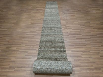 Modern / Contemporary hand-knotted wool runner in Green, 2'6" x 25'11" — SKU O077098 (view 2)