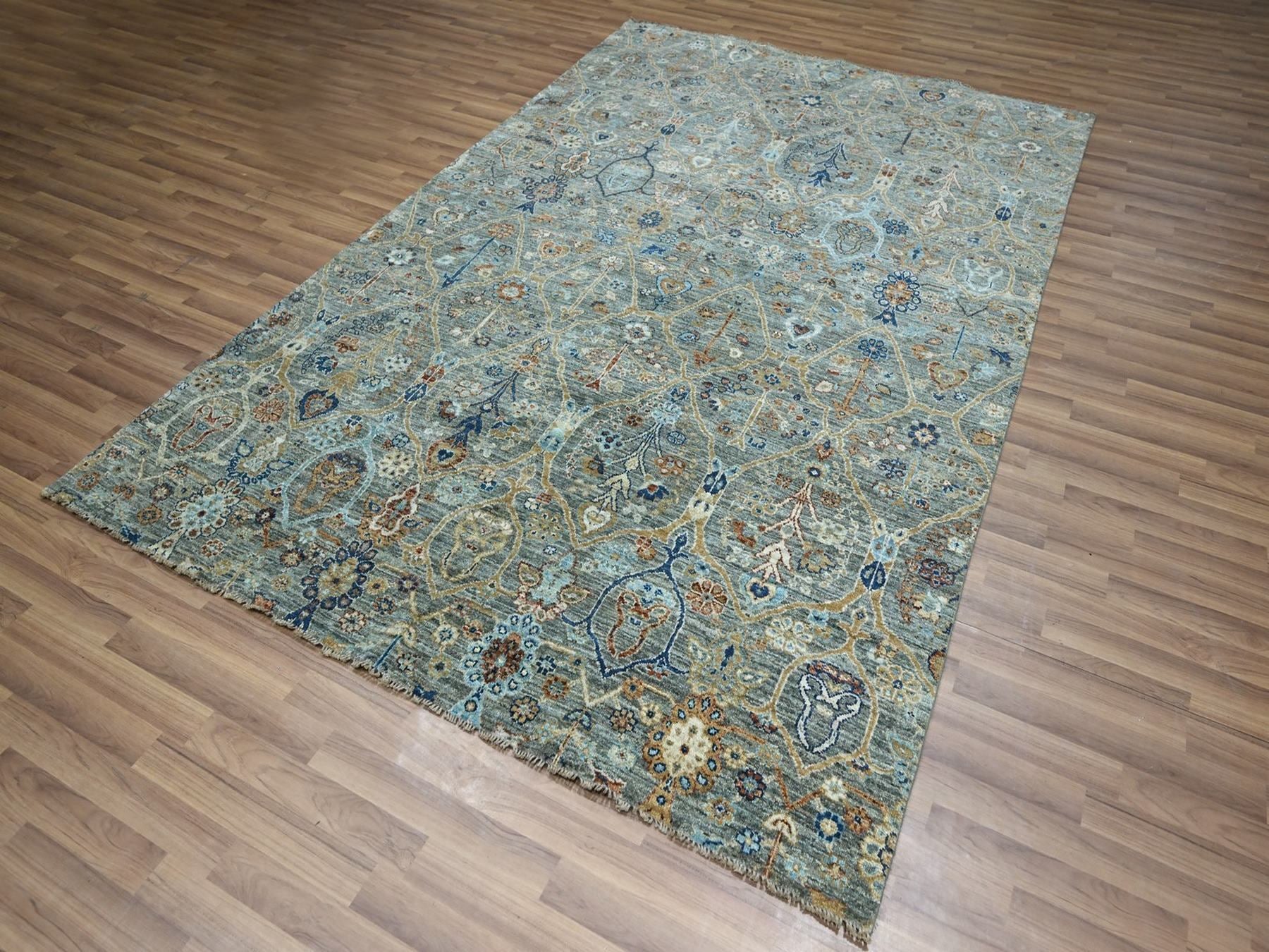 Agra Oushak hand-knotted wool rug in Green, 6'1" x 8'11" — SKU O077112 (view 3)