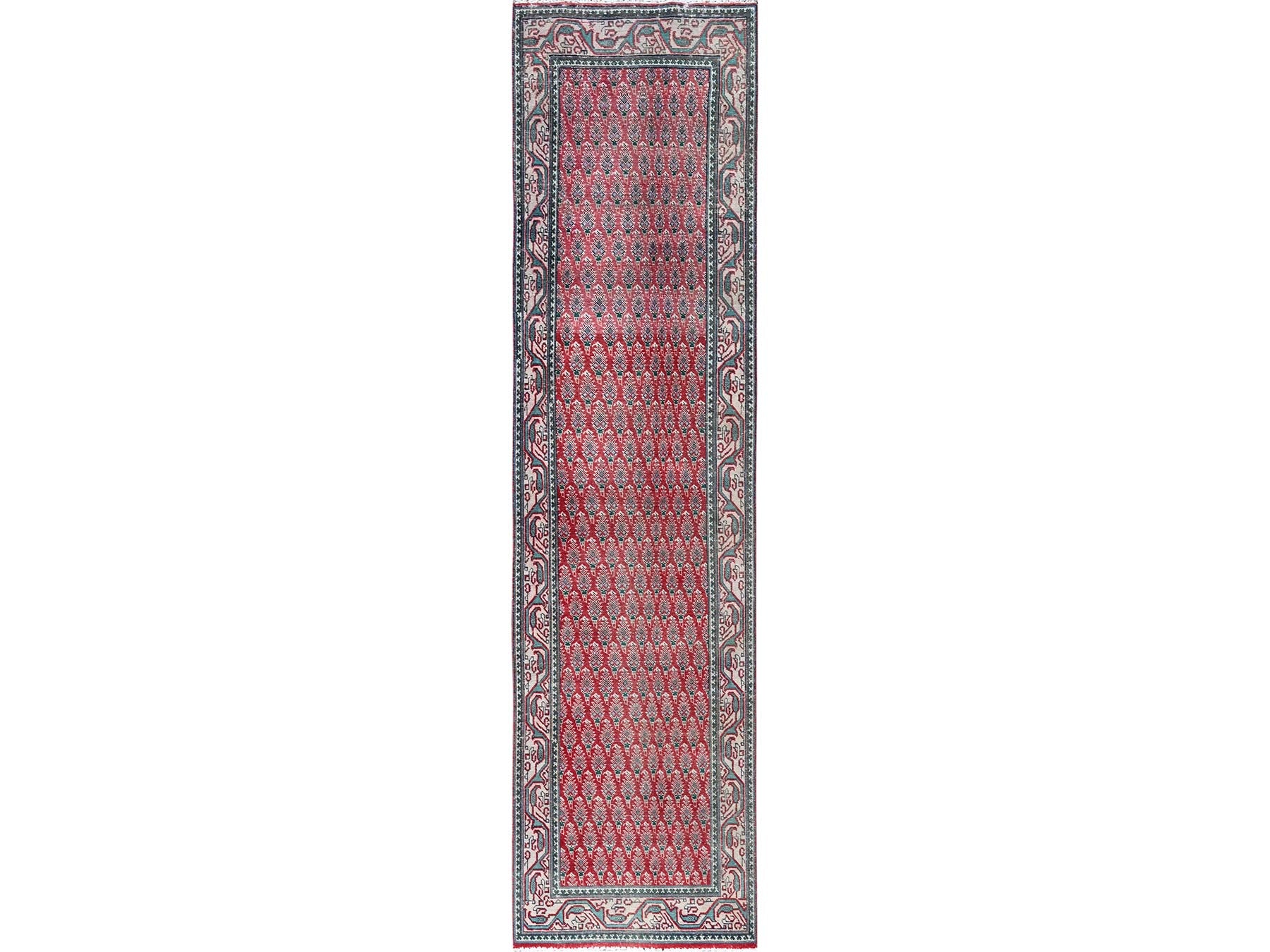 Tabriz Vintage hand-knotted wool runner in Red & Ivory, 3'2" x 12'4" — SKU O0779