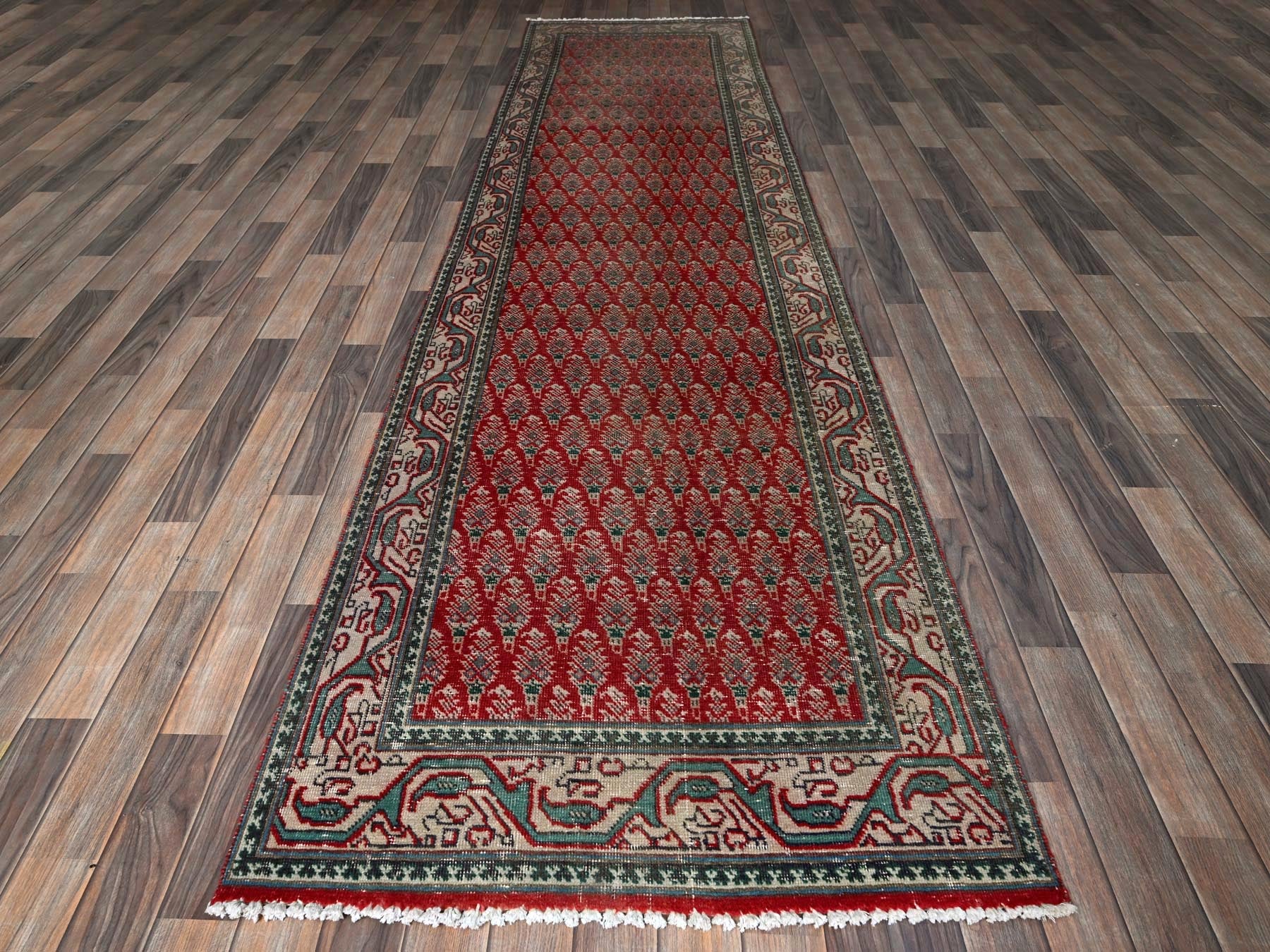 Tabriz Vintage hand-knotted wool runner in Red & Ivory, 3'2" x 12'4" — SKU O0779 (view 2)