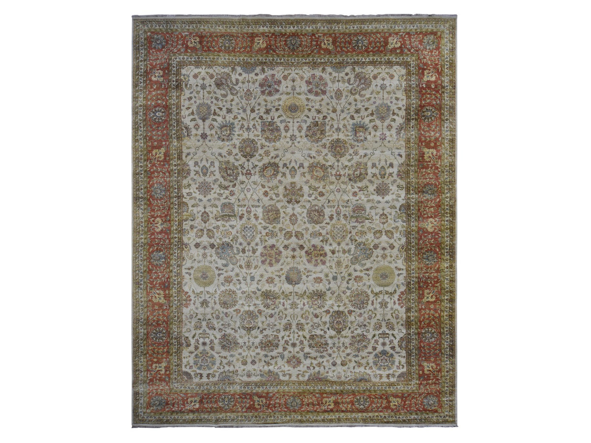 Tabriz Fine Oriental hand-knotted wool rug in Ivory & Red, 11'5" x 14'9" — SKU O078011