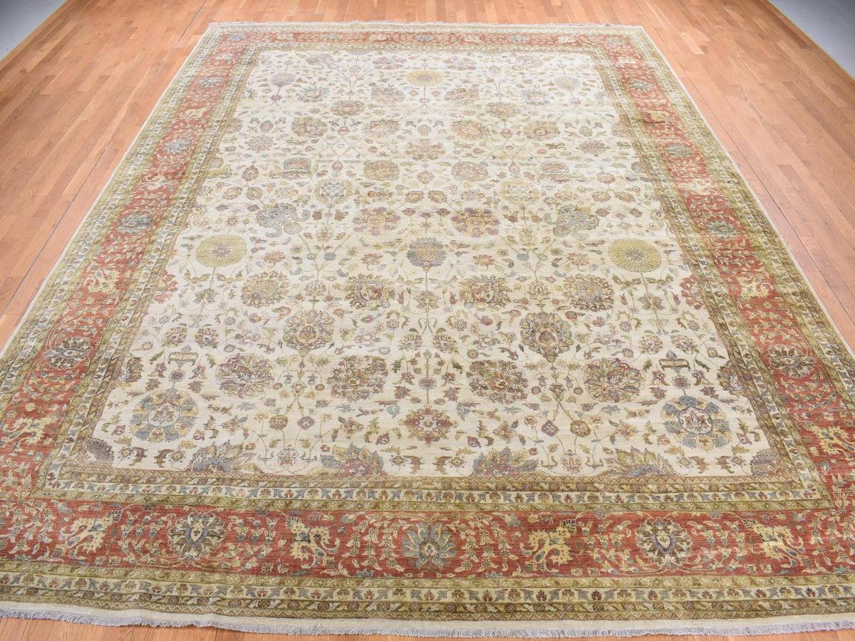 Tabriz Fine Oriental hand-knotted wool rug in Ivory & Red, 11'5" x 14'9" — SKU O078011 (view 2)