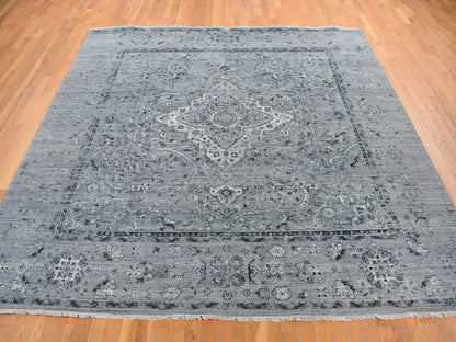 Grey 10'0" x 10'0" Transitional Hand knotted Wool/Silk Rug - Sku: O078015