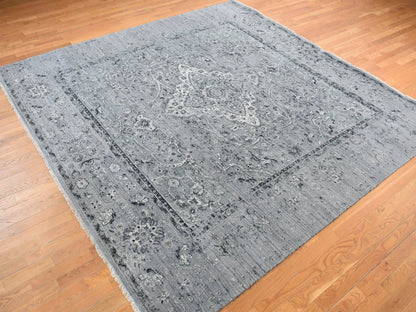 Grey 10'0" x 10'0" Transitional Hand knotted Wool/Silk Rug - Sku: O078015