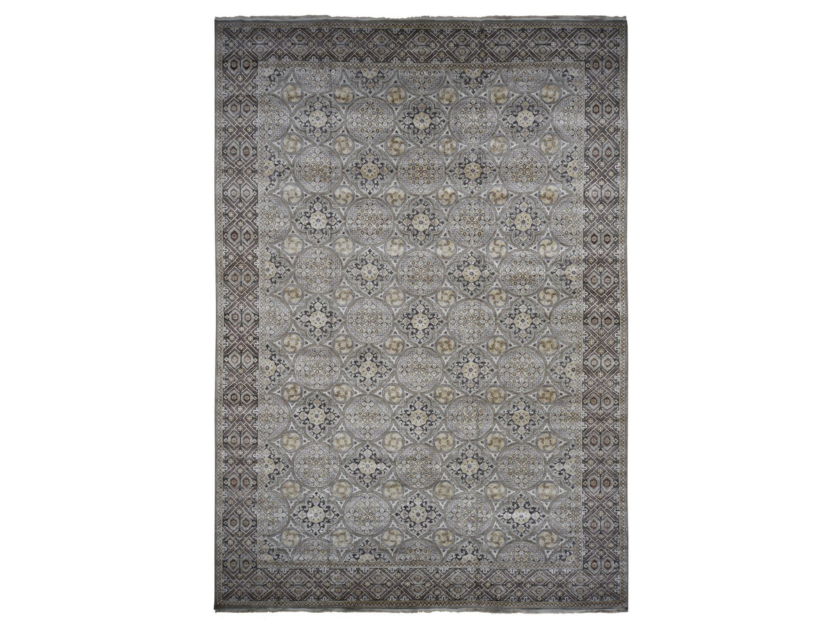 Transitional hand-knotted wool/silk rug in Gray, 11'10" x 18'6", SKU O078016