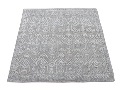 Grey 2'0" x 2'1" Wool and Silk Hand knotted Wool/Silk Rug - Sku: O078021