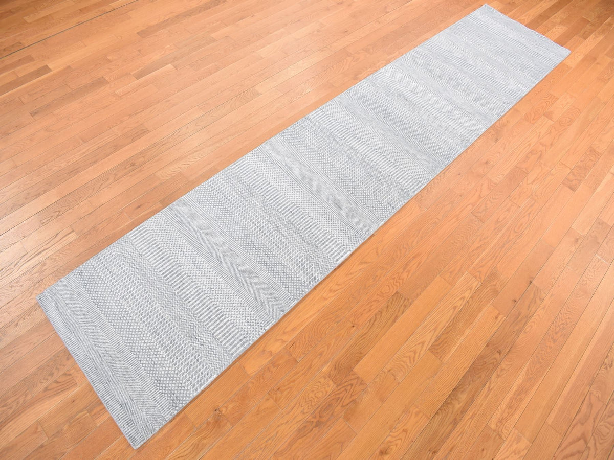 Transitional hand-knotted wool/silk runner in Blue, 2'6" x 12'0", SKU O078067