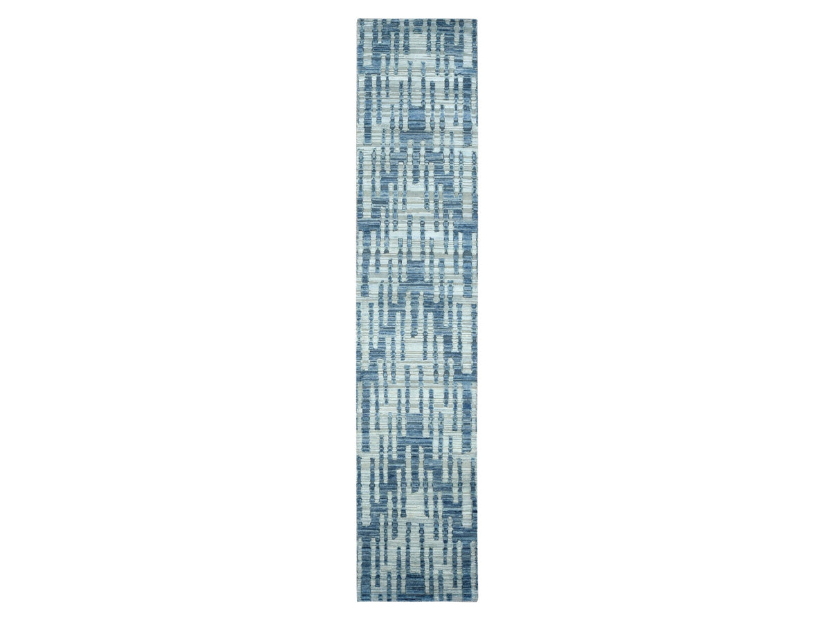 Modern / Contemporary hand-knotted wool/silk runner in Blue, 2'6" x 12'3", SKU O078096