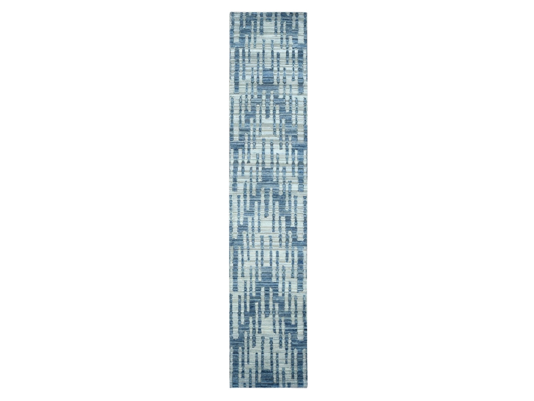 Modern / Contemporary hand-knotted wool/silk runner in Blue, 2'6" x 12'3", SKU O078096