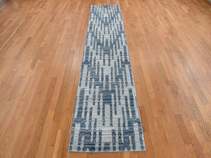 Modern / Contemporary hand-knotted wool/silk runner in Blue, 2'6" x 12'3", SKU O078096