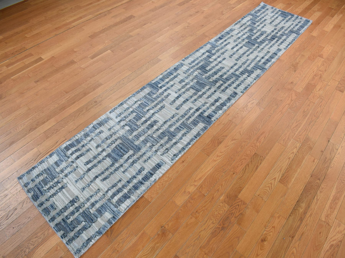 Modern / Contemporary hand-knotted wool/silk runner in Blue, 2'6" x 12'3", SKU O078096
