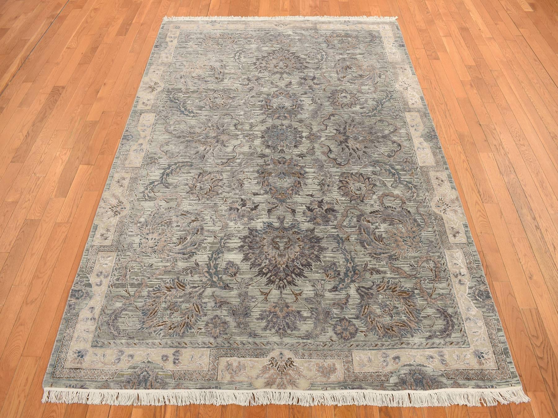 Oushak / Peshawar hand-knotted wool/silk rug in Green, 6'0" x 9'1", SKU O078110