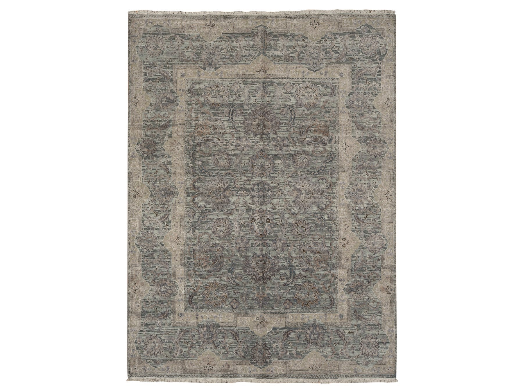 Oushak / Peshawar hand-knotted wool/silk rug in Green, 8'10" x 11'10", SKU O078111