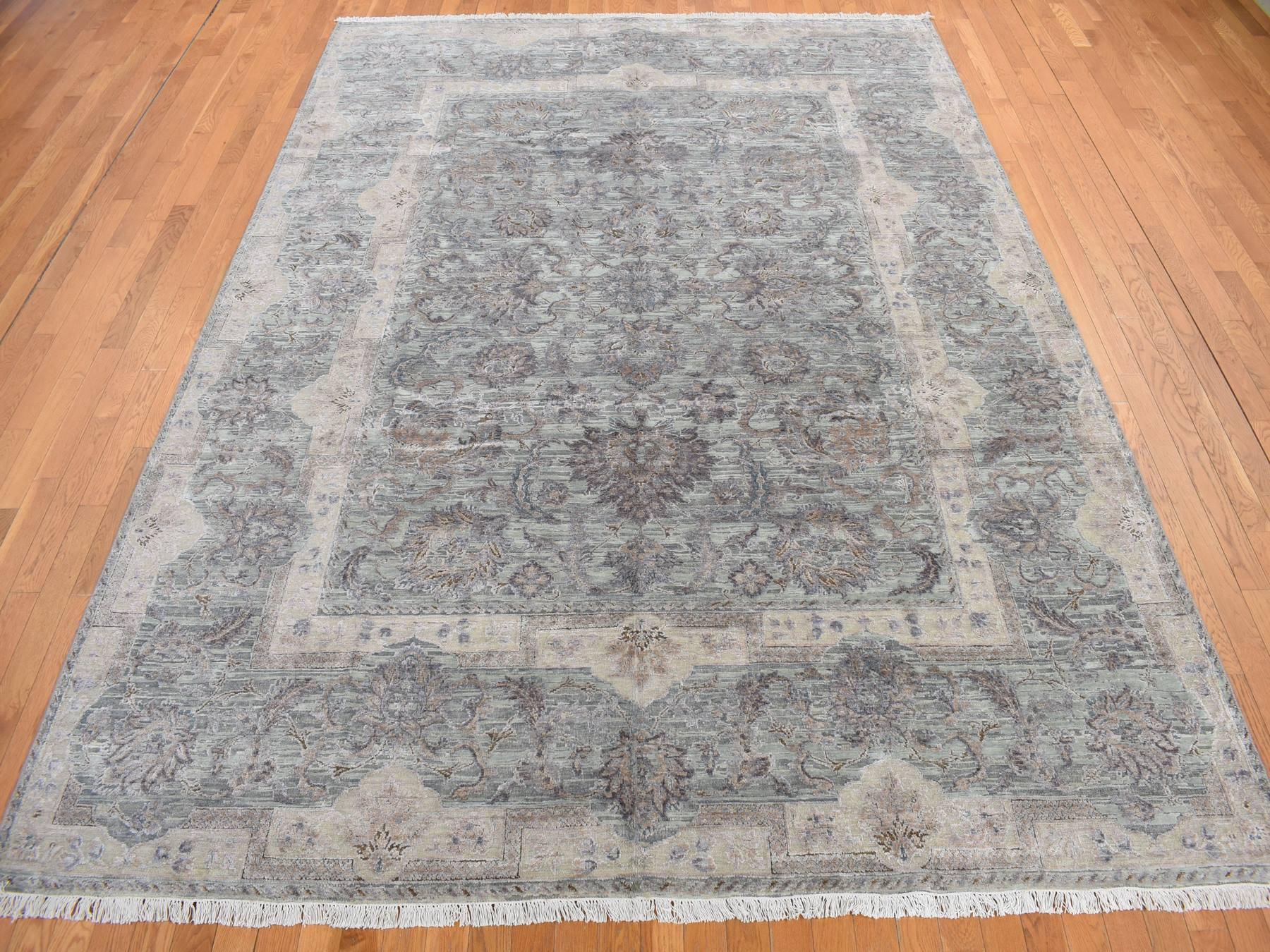 Oushak / Peshawar hand-knotted wool/silk rug in Green, 8'10" x 11'10", SKU O078111