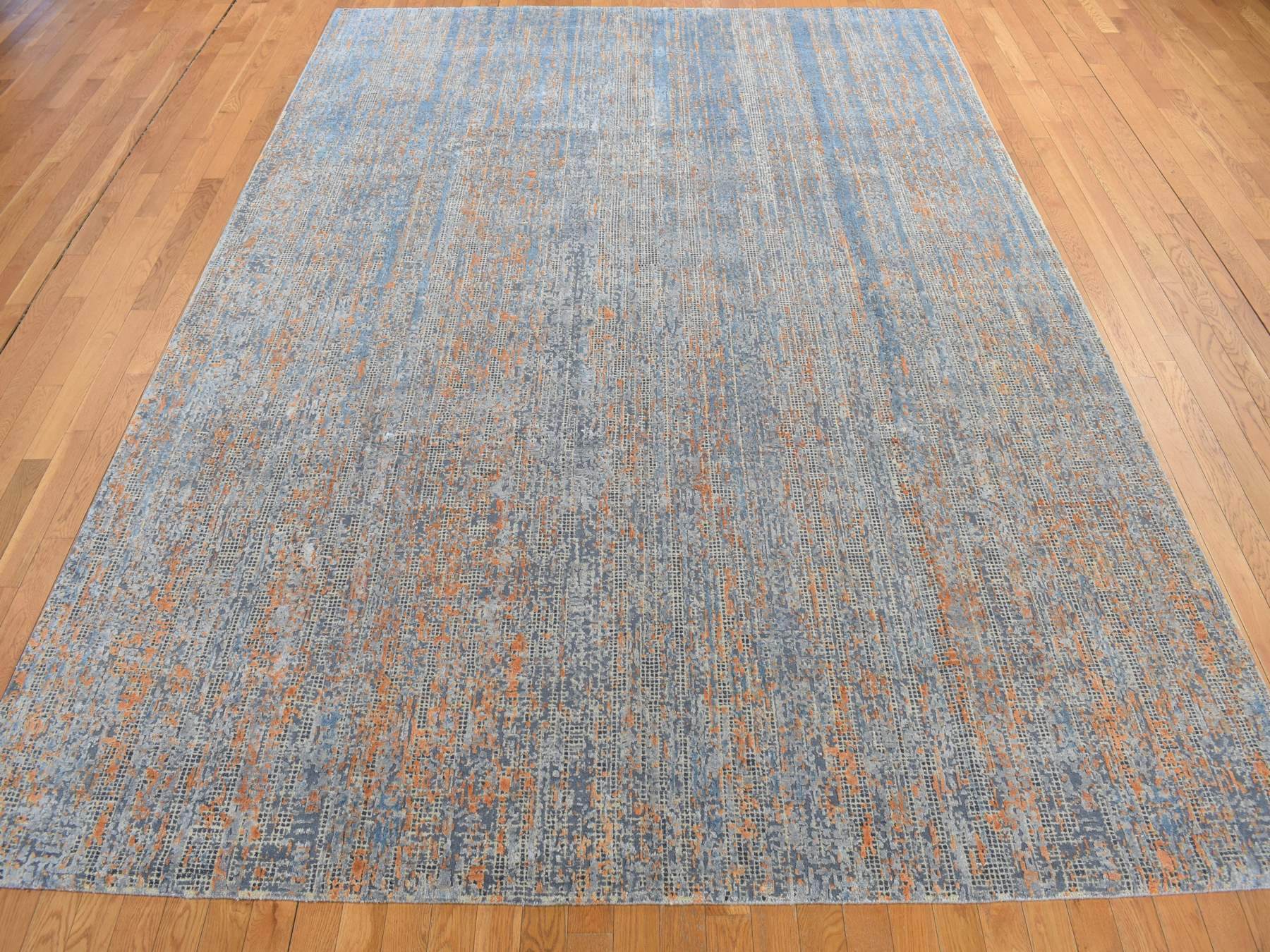 Modern / Contemporary hand-knotted wool/silk rug in Blue, 8'10" x 12'2", SKU O078142