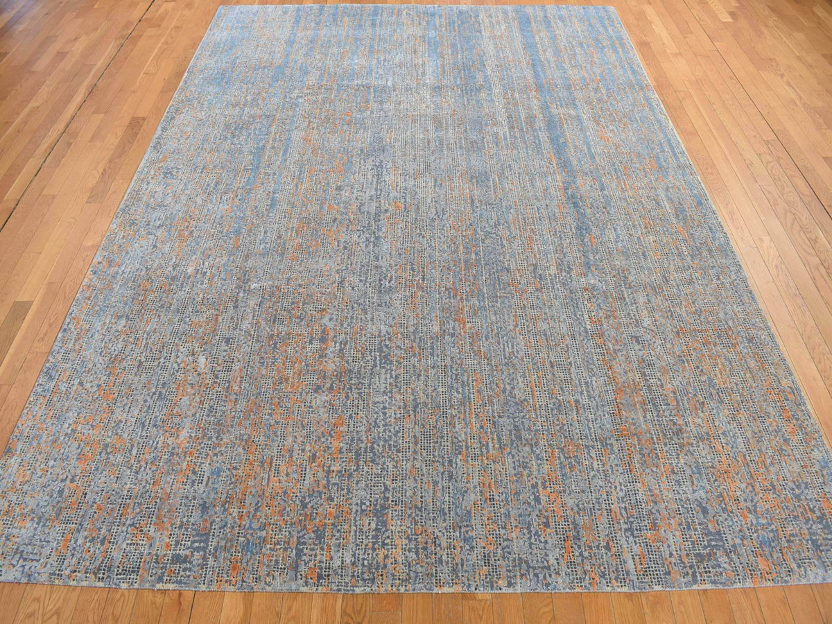 Modern / Contemporary hand-knotted wool/silk rug in Blue, 8'10" x 12'2", SKU O078142