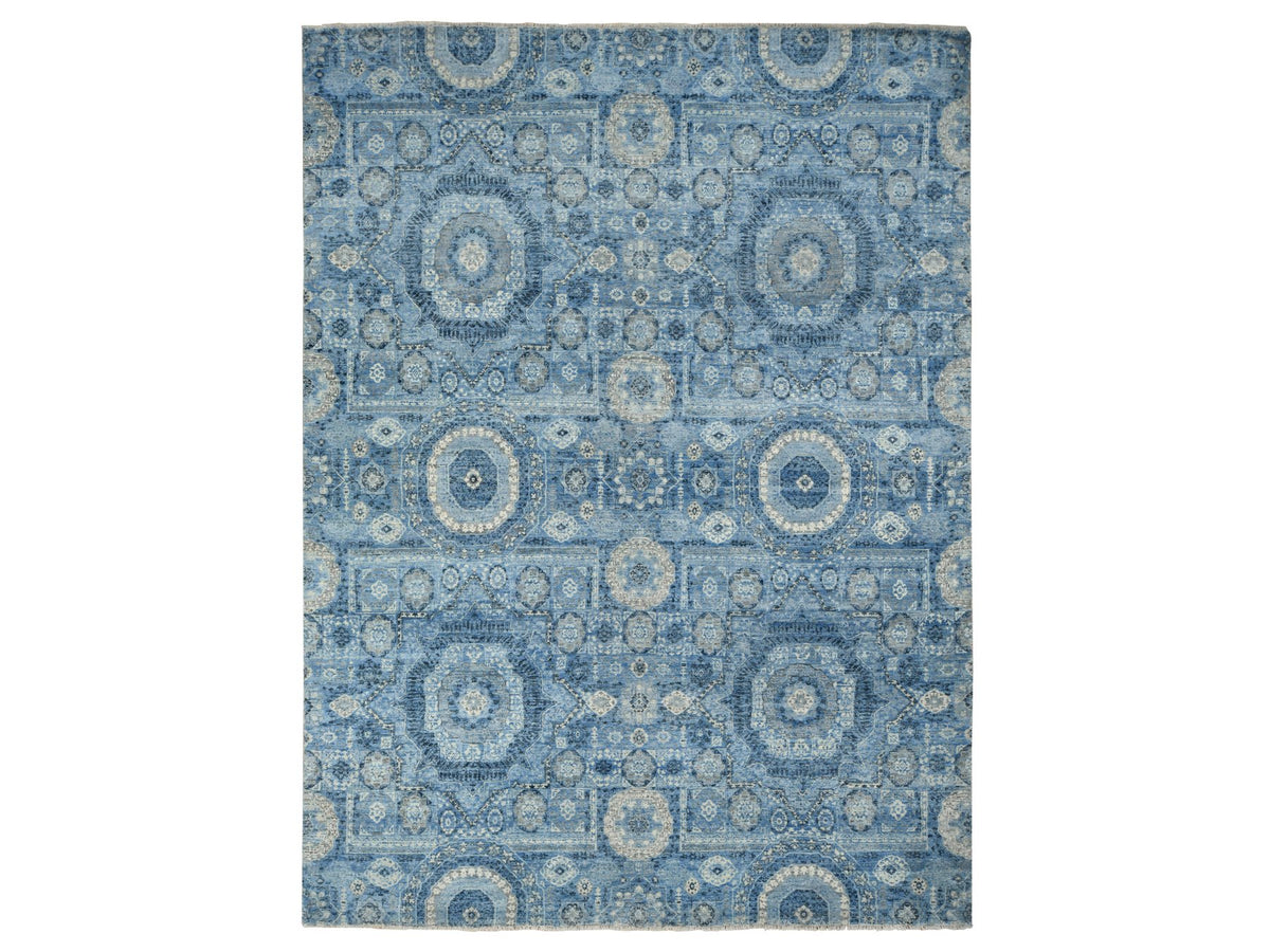 Mamluk Traditional hand-knotted silk rug in Blue, 9'0" x 12'4", SKU O078147