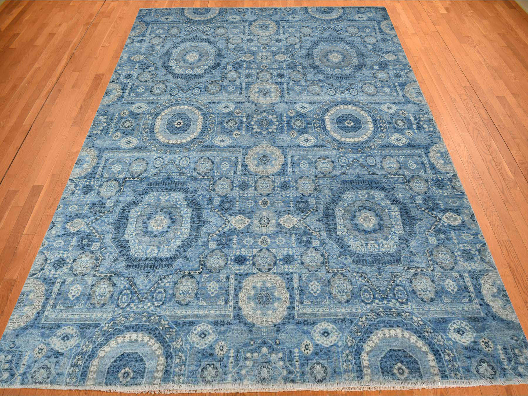 Mamluk Traditional hand-knotted silk rug in Blue, 9'0" x 12'4", SKU O078147