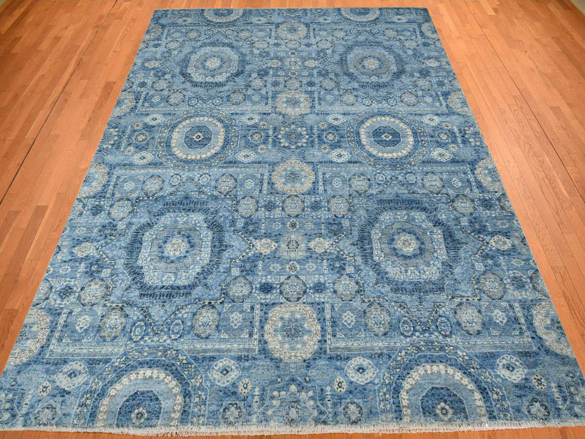 Mamluk Traditional hand-knotted silk rug in Blue, 9'0" x 12'4", SKU O078147
