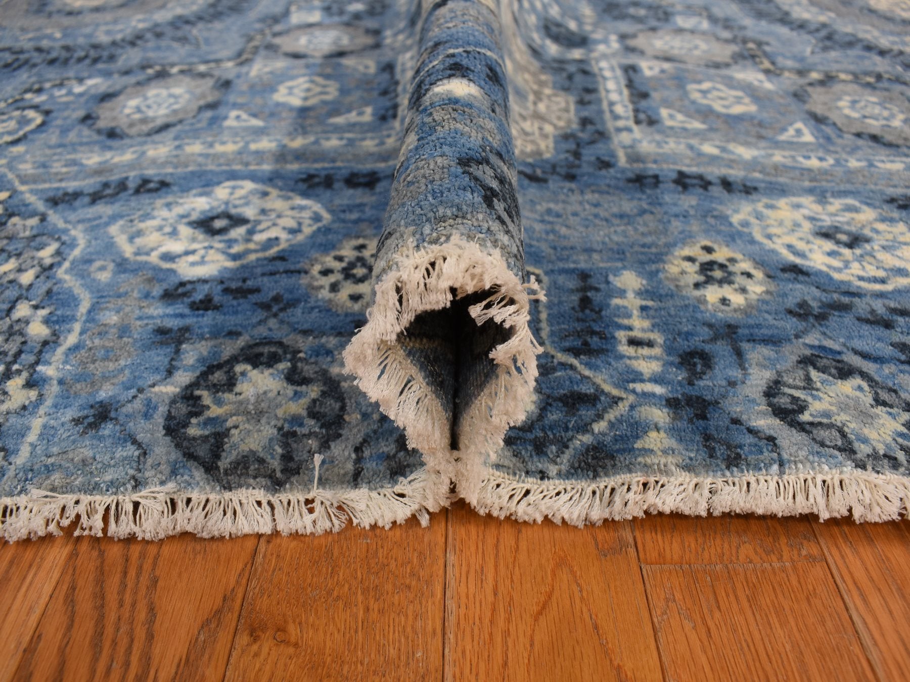 Mamluk Traditional hand-knotted silk rug in Blue, 9'0" x 12'4", SKU O078147