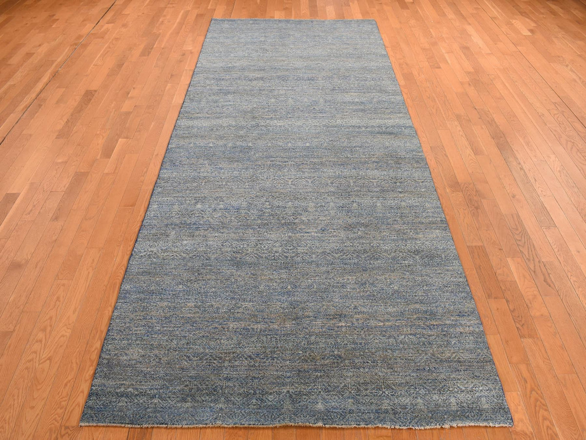 Modern / Contemporary hand-knotted wool runner in Blue, 5'0" x 14'0", SKU O078148