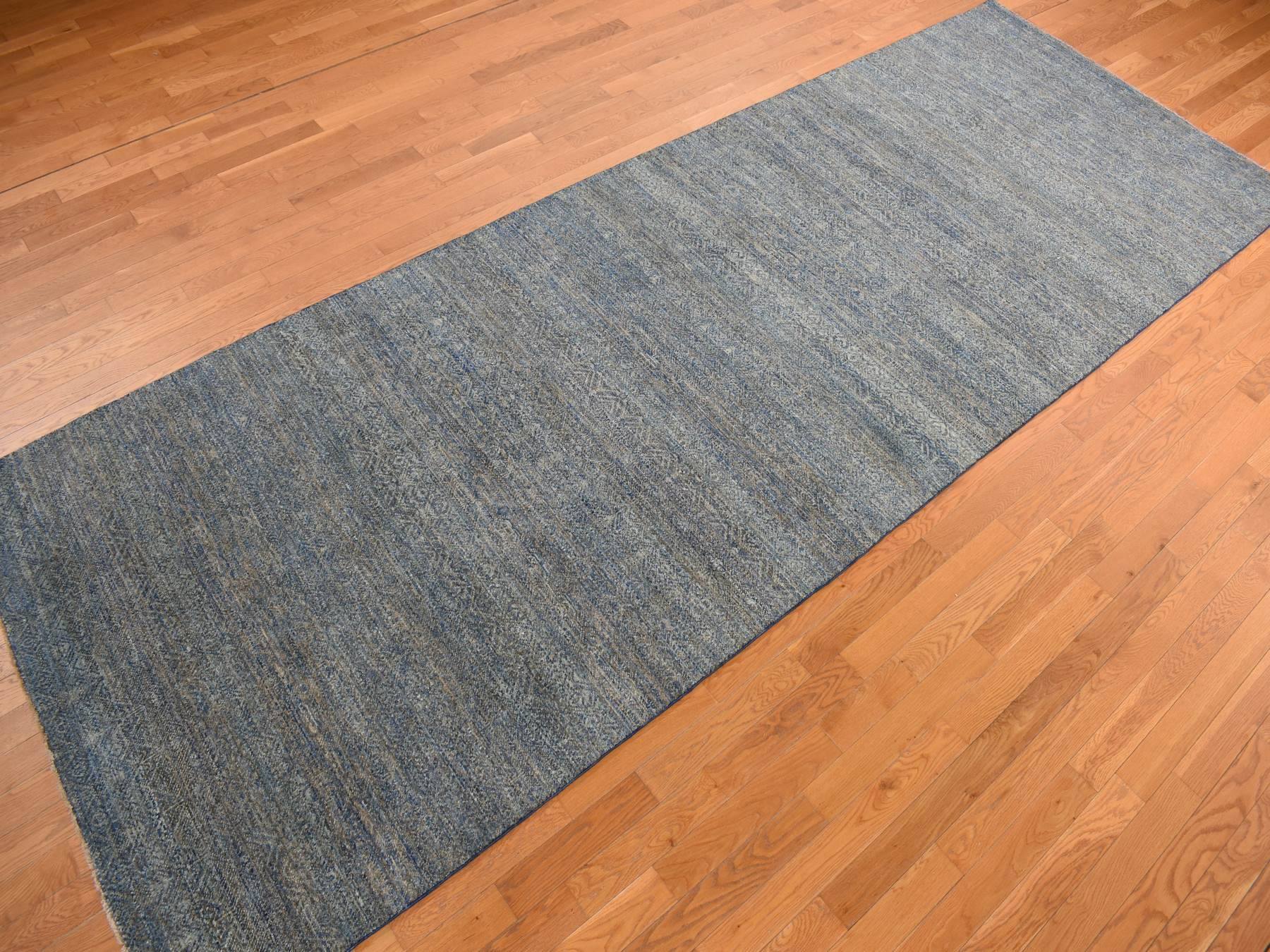 Modern / Contemporary hand-knotted wool runner in Blue, 5'0" x 14'0", SKU O078148