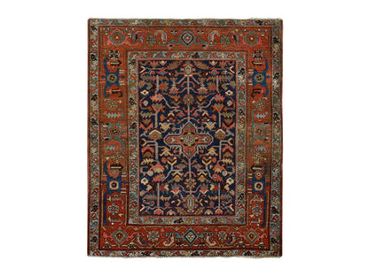 Heriz Antique hand-knotted wool rug in Blue, 4'6" x 5'6", SKU O078184