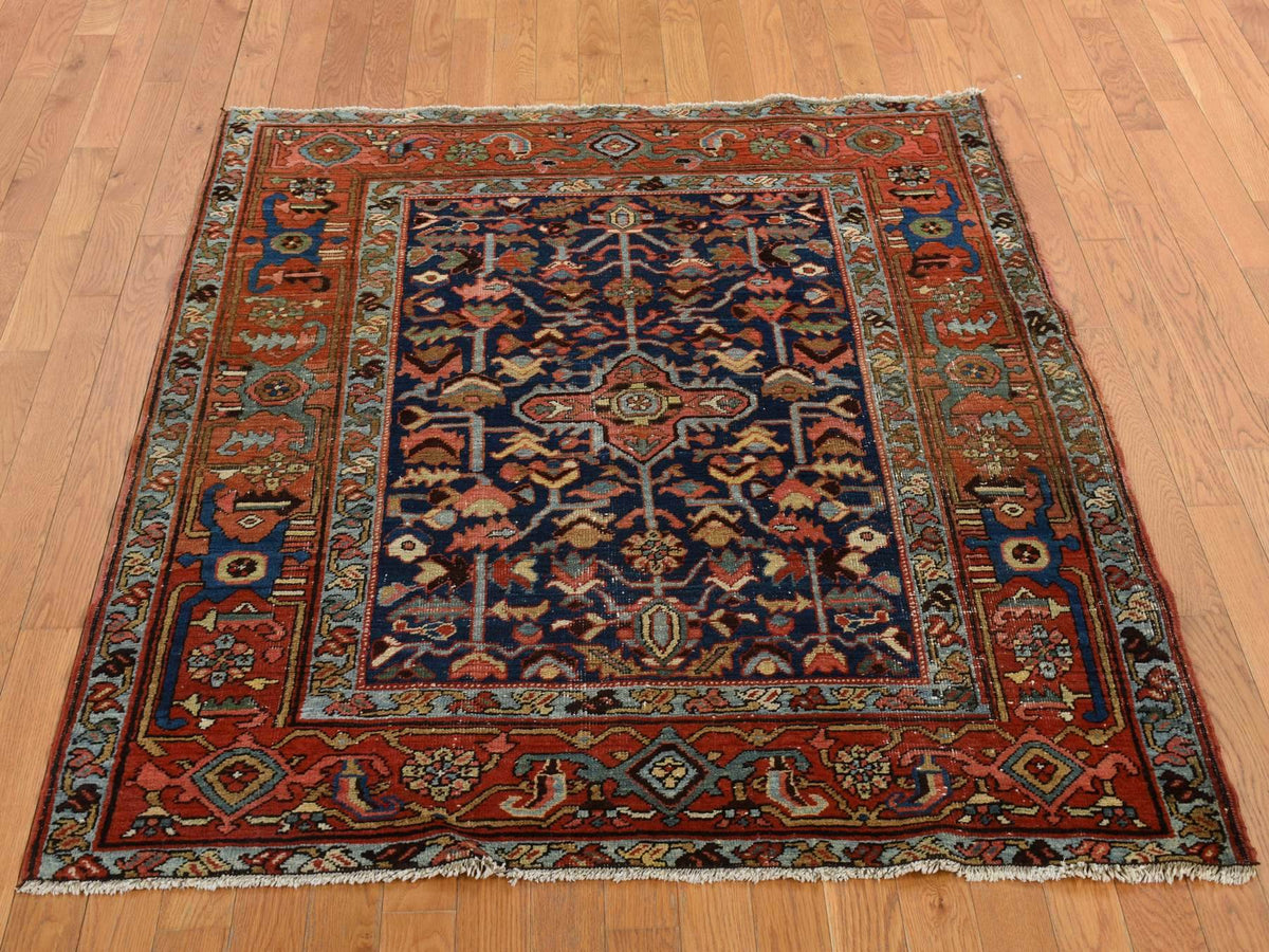 Heriz Antique hand-knotted wool rug in Blue, 4'6" x 5'6", SKU O078184