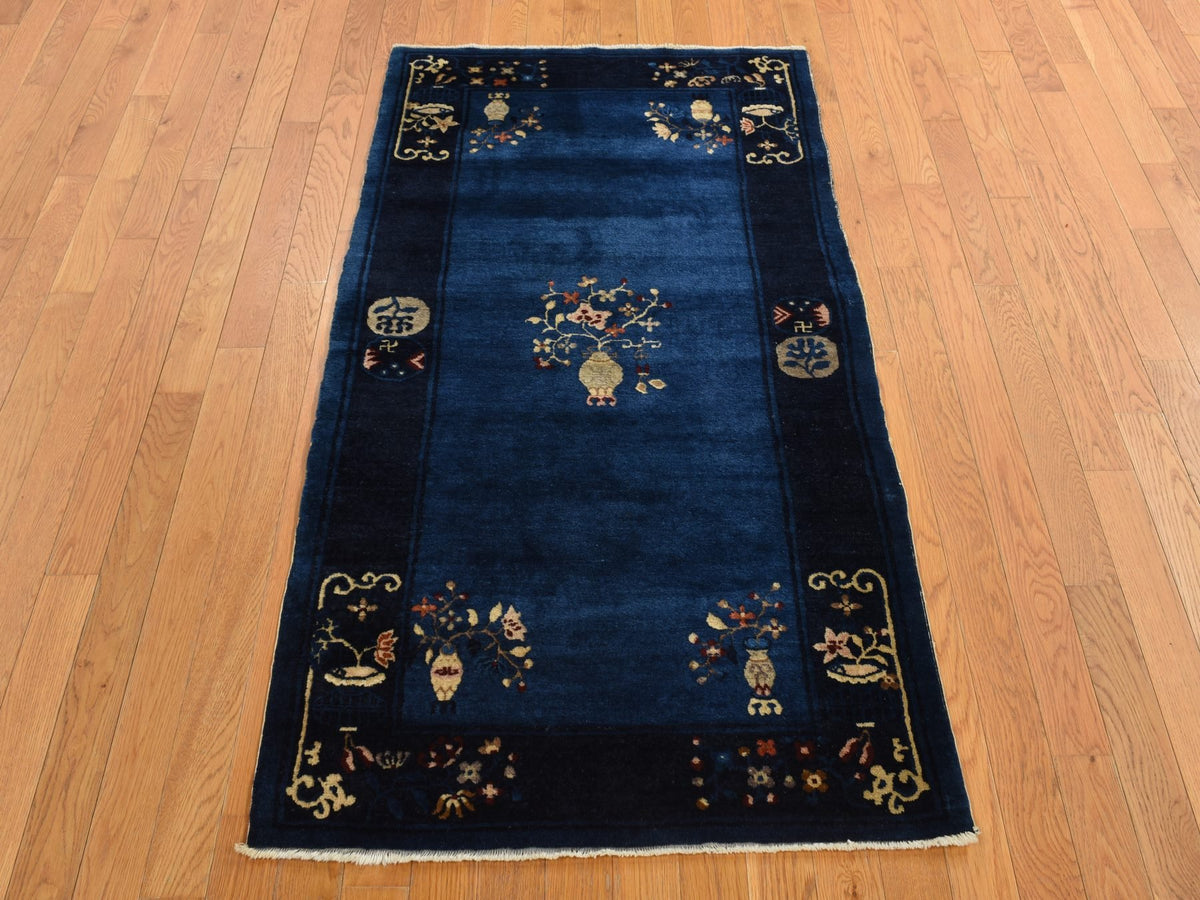Antique hand-knotted wool rug in Blue, 3'0" x 5'8", SKU O078195