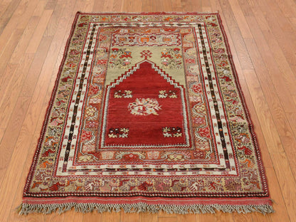 Red 3'10" x 5'4" Antique Hand knotted Wool Rug - Sku: O078203