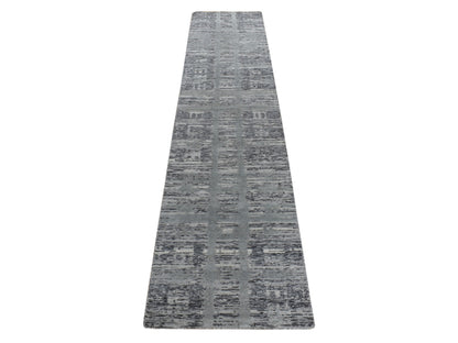 Grey 2'7" x 12'1" Modern / Contemporary Hand knotted Wool Rug - Sku: O078246