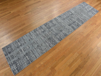 Grey 2'7" x 12'1" Modern / Contemporary Hand knotted Wool Rug - Sku: O078246