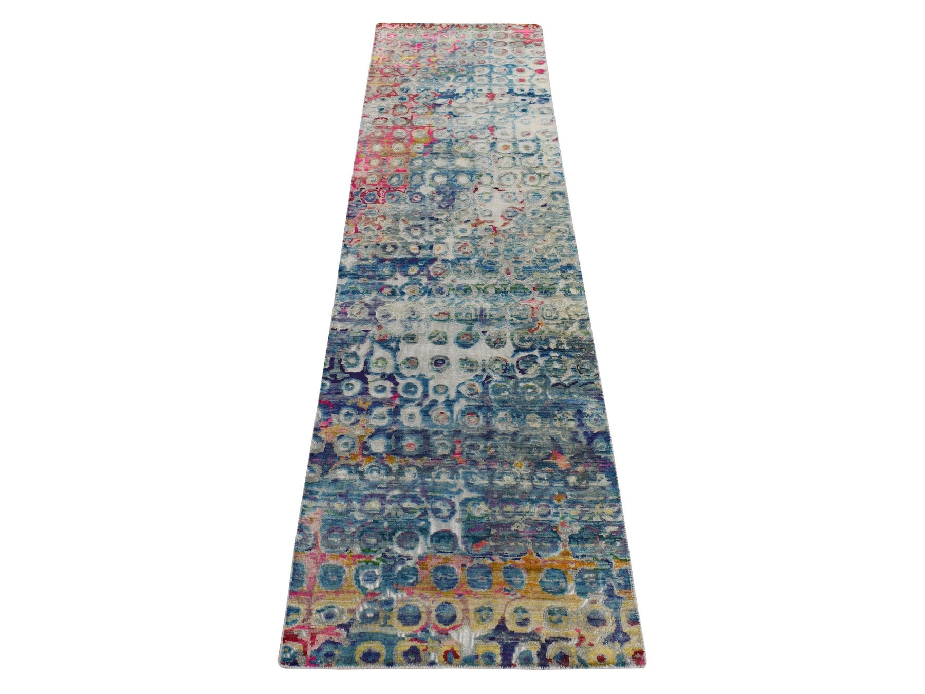 Modern / Contemporary hand-knotted silk runner in Blue, 2'7" x 10'2", SKU O078249