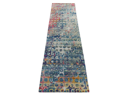 Modern / Contemporary hand-knotted silk runner in Blue, 2'7" x 10'2", SKU O078249