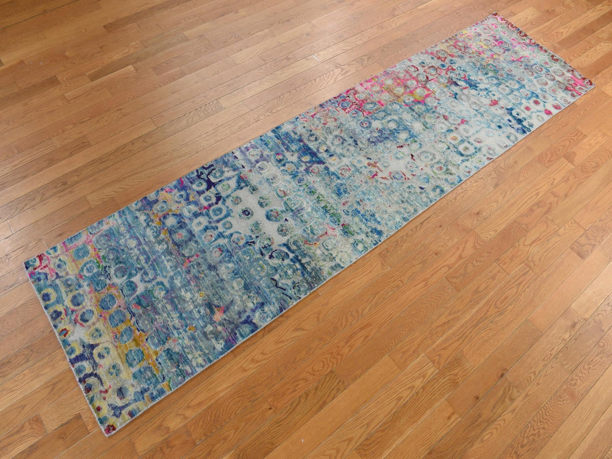Modern / Contemporary hand-knotted silk runner in Blue, 2'7" x 10'2", SKU O078249