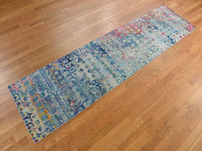 Modern / Contemporary hand-knotted silk runner in Blue, 2'7" x 10'2", SKU O078249