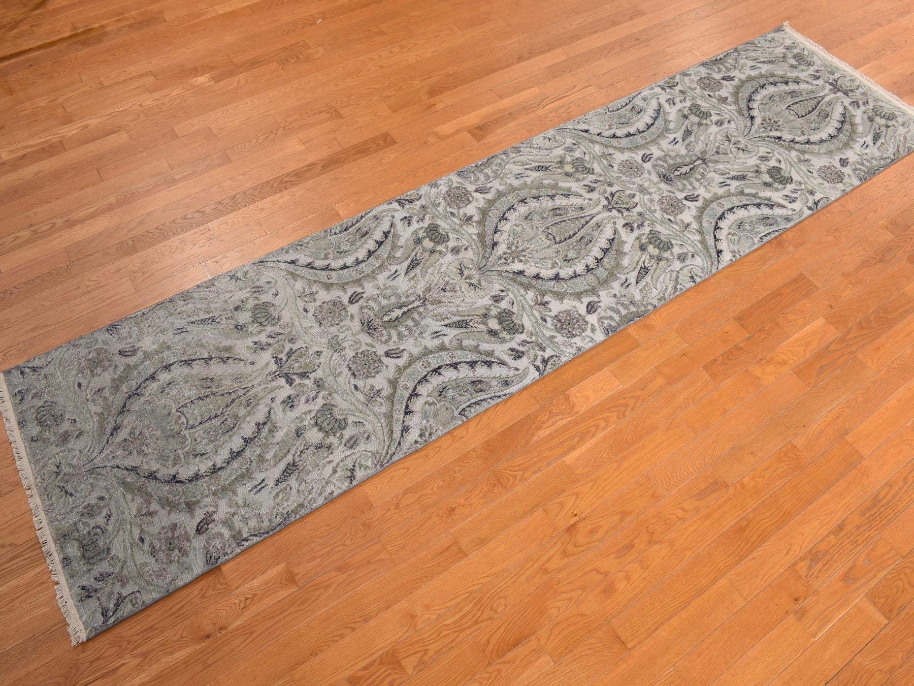 Wool / Silk hand-knotted wool/silk runner in Gray, 3'0" x 11'10", SKU O078282
