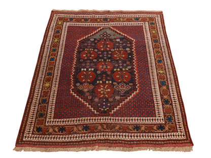 Red 4'1" x 5'0" Antique Hand knotted Wool Rug - Sku: O078283