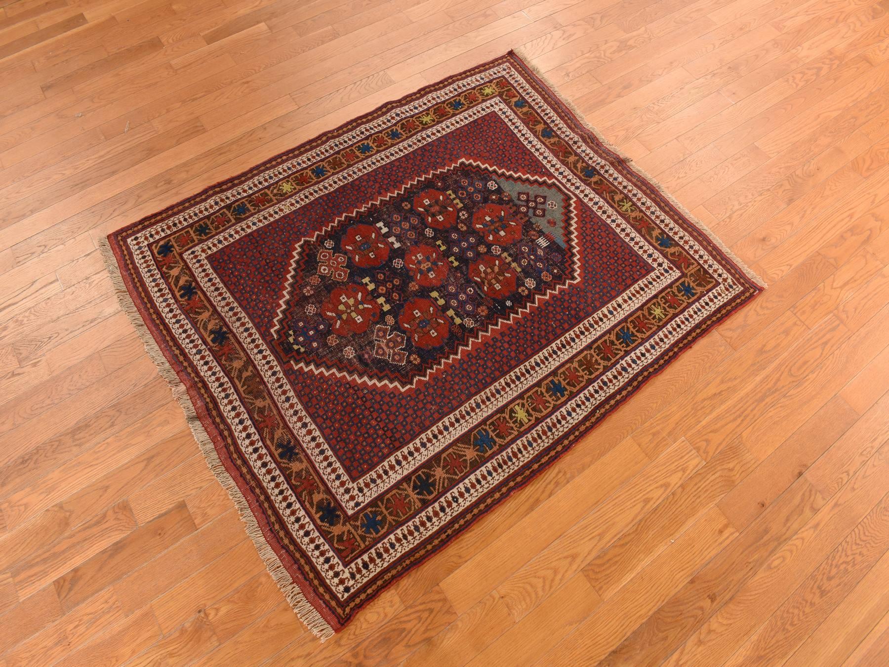 Antique hand-knotted wool rug in Red, 4'1" x 5'0", SKU O078283