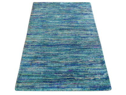 Modern / Contemporary hand-knotted silk rug in Blue, 2'1" x 3'2", SKU O078295