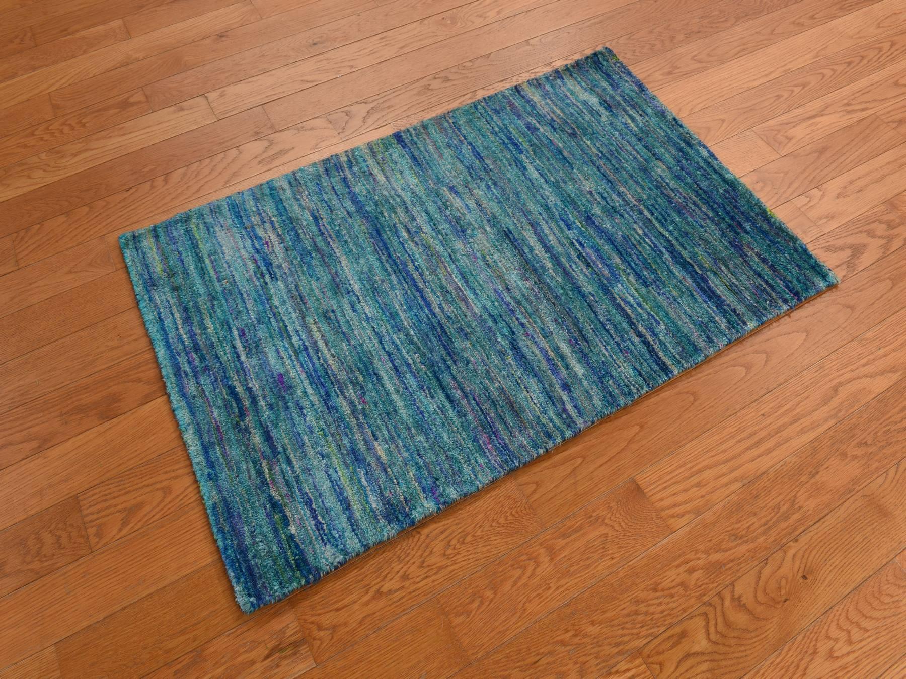 Modern / Contemporary hand-knotted silk rug in Blue, 2'1" x 3'2", SKU O078295