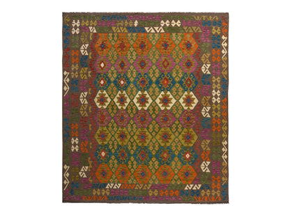 Flatweave / Kilim hand-knotted wool rug in Brown, 8'2" x 9'6", SKU O078343