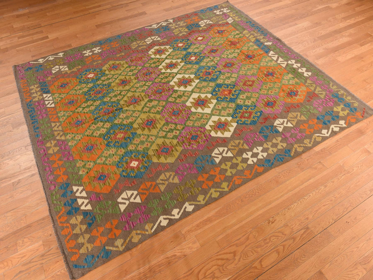 Flatweave / Kilim hand-knotted wool rug in Brown, 8'2" x 9'6", SKU O078343