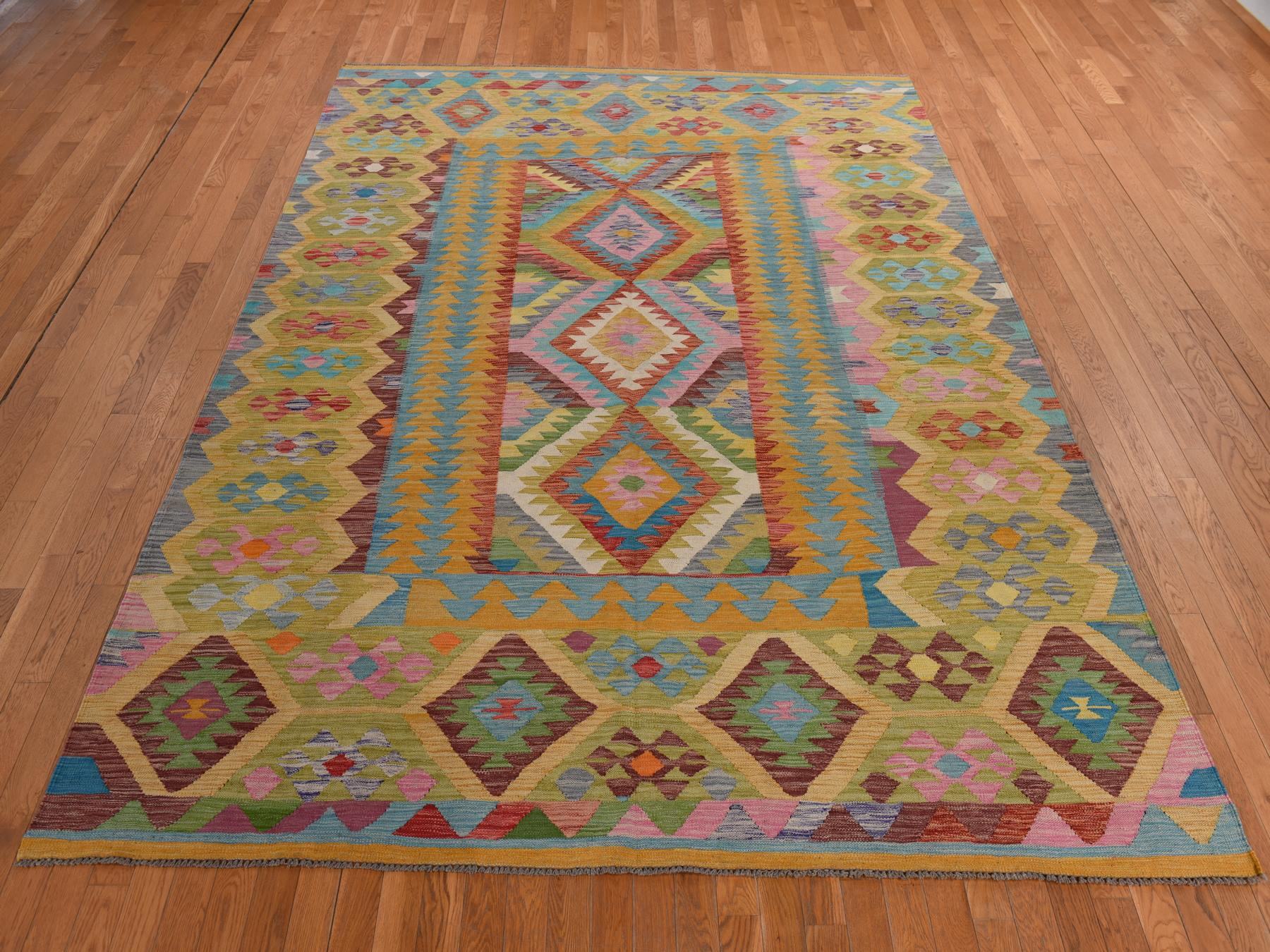 Flatweave / Kilim hand-knotted wool rug in Green, 8'3" x 11'2", SKU O078345