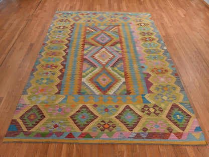 Flatweave / Kilim hand-knotted wool rug in Green, 8'3" x 11'2", SKU O078345