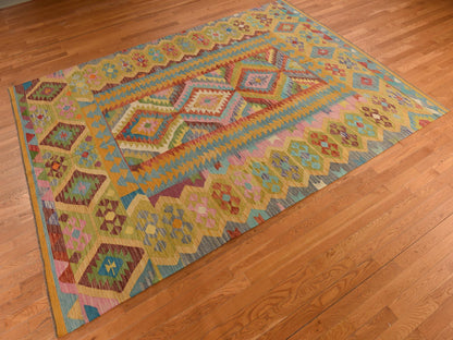 Flatweave / Kilim hand-knotted wool rug in Green, 8'3" x 11'2", SKU O078345