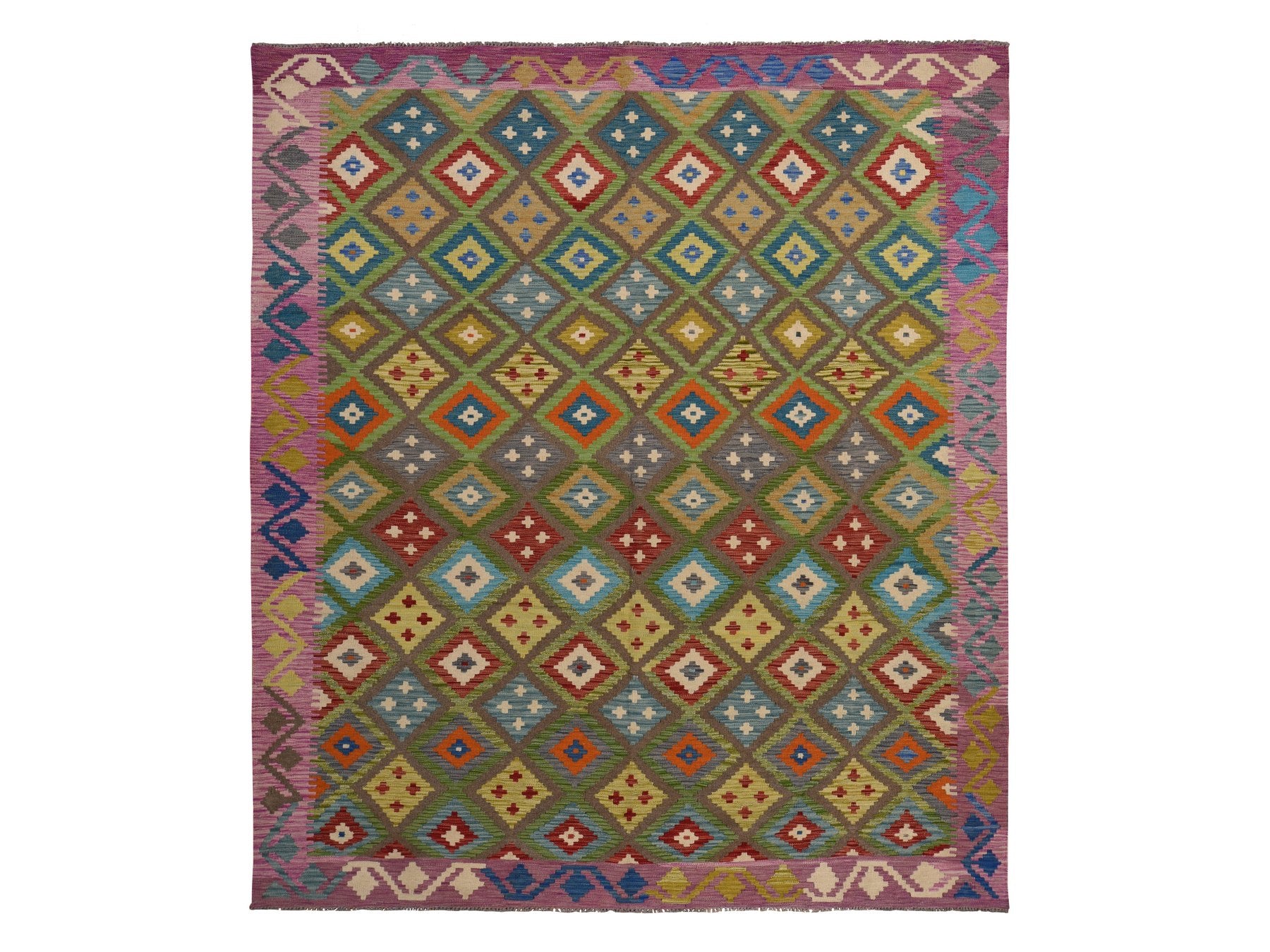 Flatweave / Kilim hand-knotted wool rug in Green, 8'4" x 9'10", SKU O078347